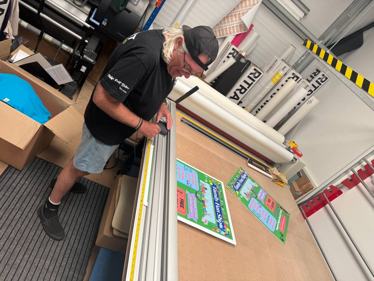 Print finishing in progress at the Print In The Bag workshop.