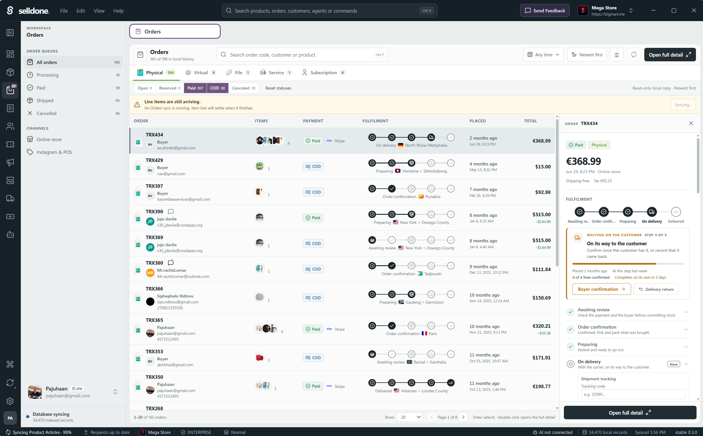 Selldone Desktop orders workspace with payment filters, fulfillment timelines, and order details.