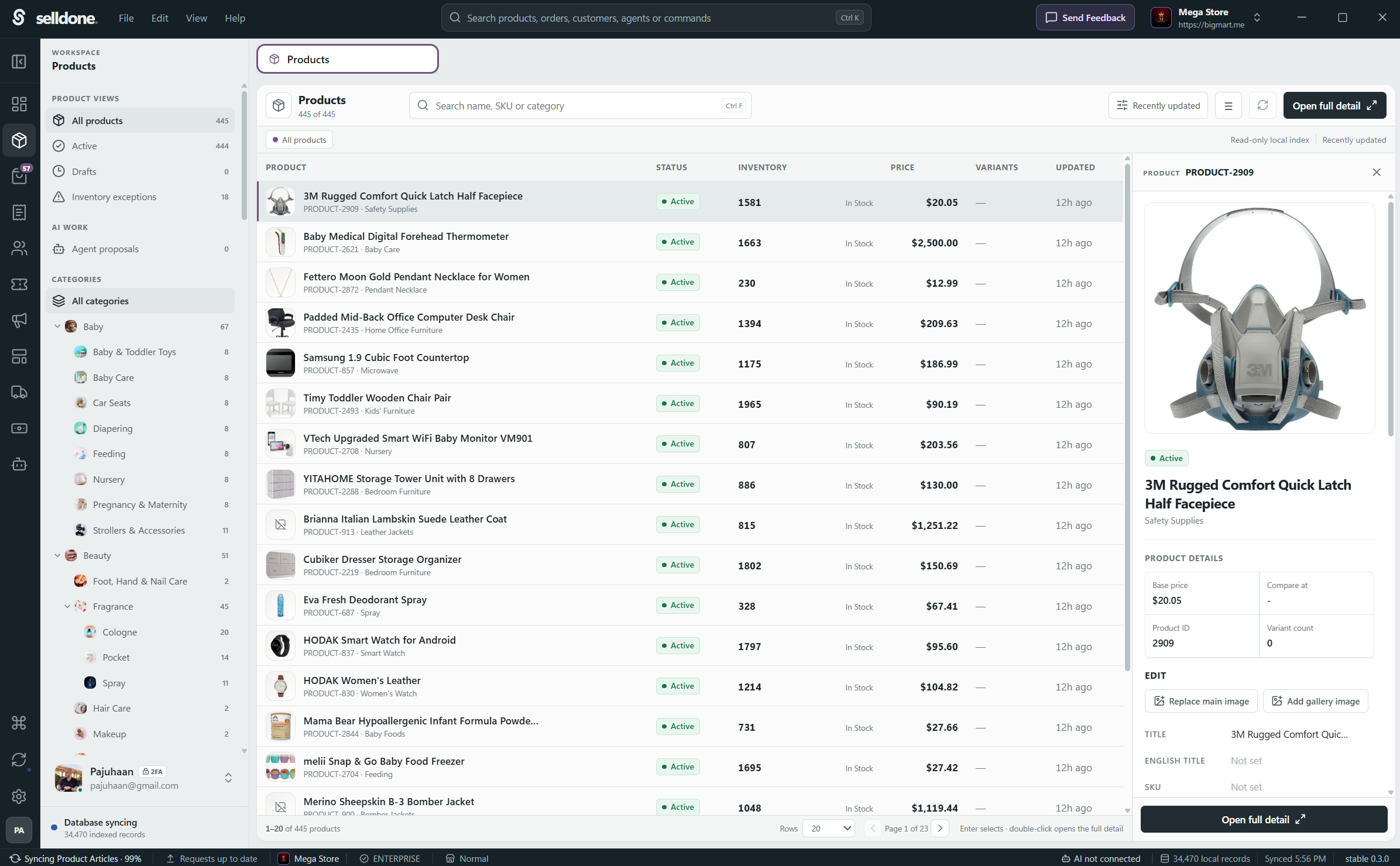 Selldone Desktop product catalog with category navigation, inventory, prices, and a product detail panel.