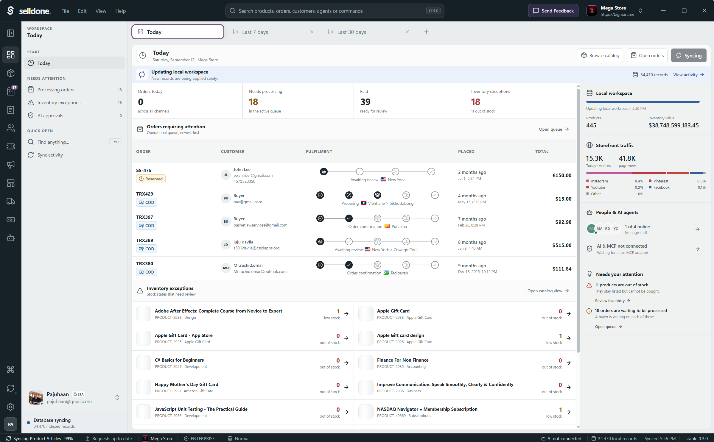 Selldone Desktop Today workspace with order queues, inventory exceptions, and store activity.