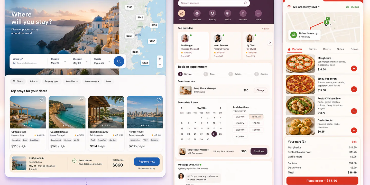 Three distinct Genesis applications powered by Selldone: accommodation discovery, service booking, and restaurant ordering.