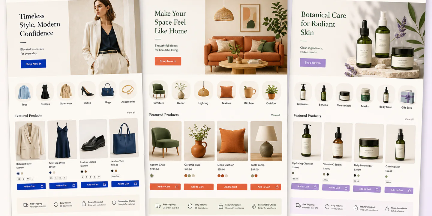 Three ecommerce storefronts with the same Selldone Layout structure styled for fashion, home decor, and botanical skincare.
