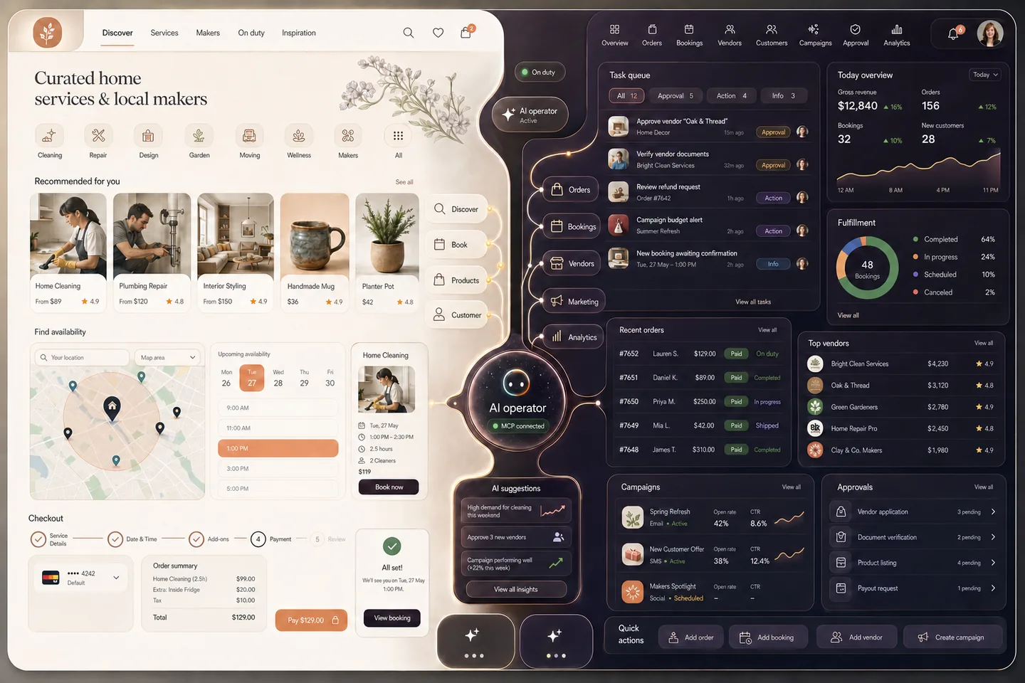 Selldone Genesis custom storefront and operator workspace coordinating products, customers, orders, and campaigns.