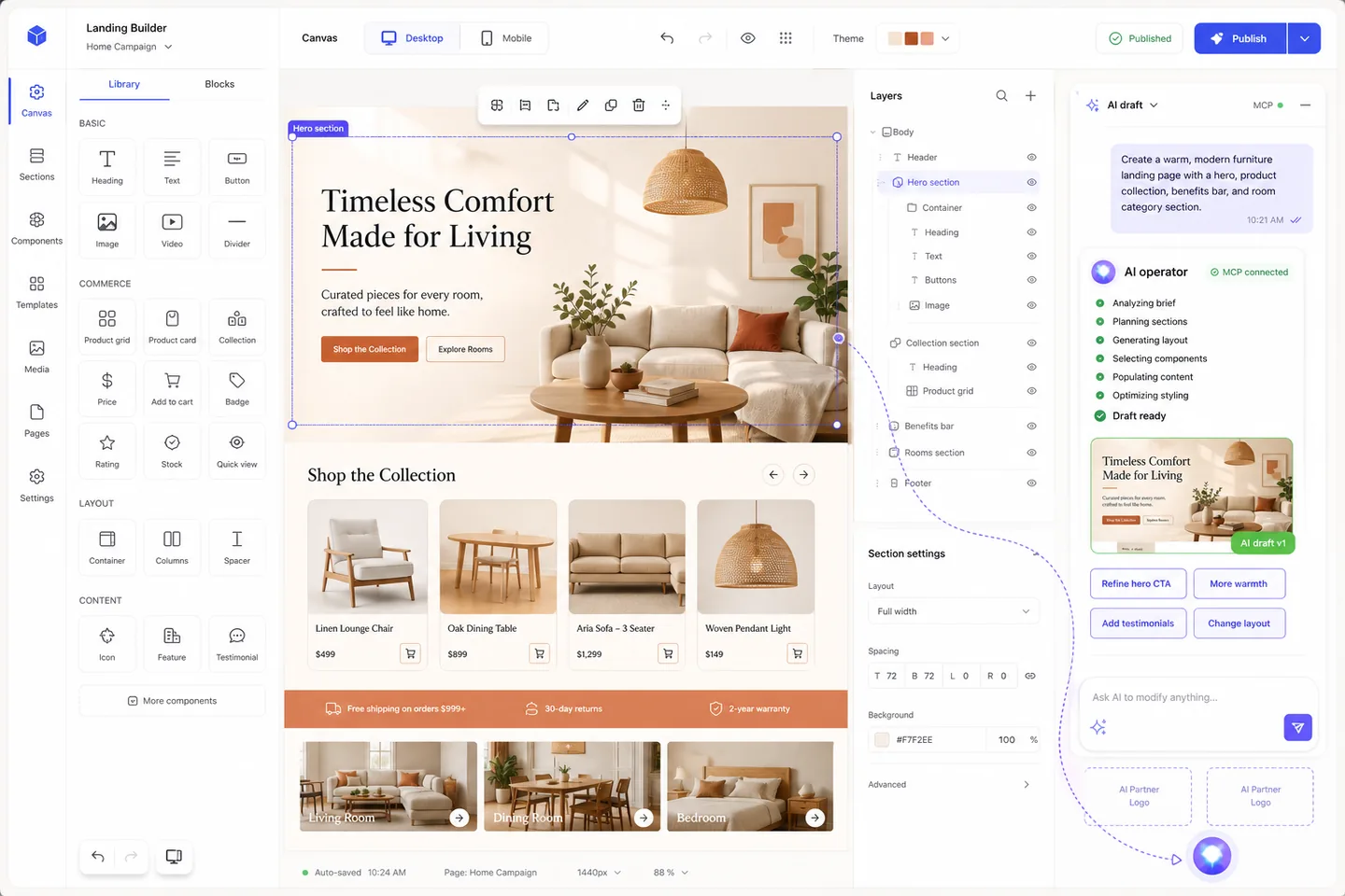 AI-assisted Selldone Landing Builder editing a detailed commerce campaign page.