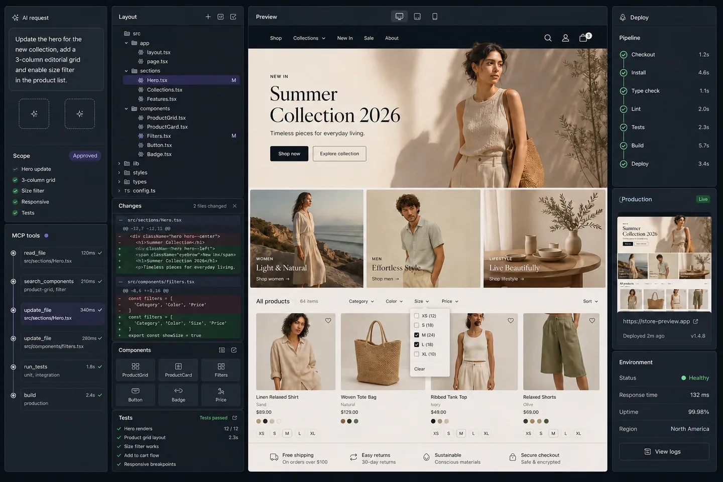 ChatGPT and Claude using MCP to design, code, and deploy a custom Selldone Layout storefront.