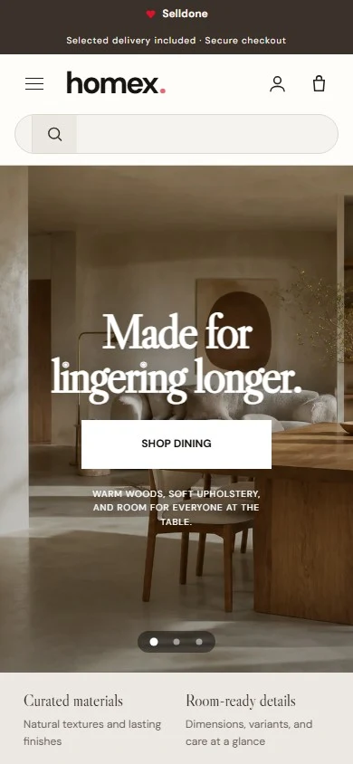 Homex furniture and home page at mobile width.