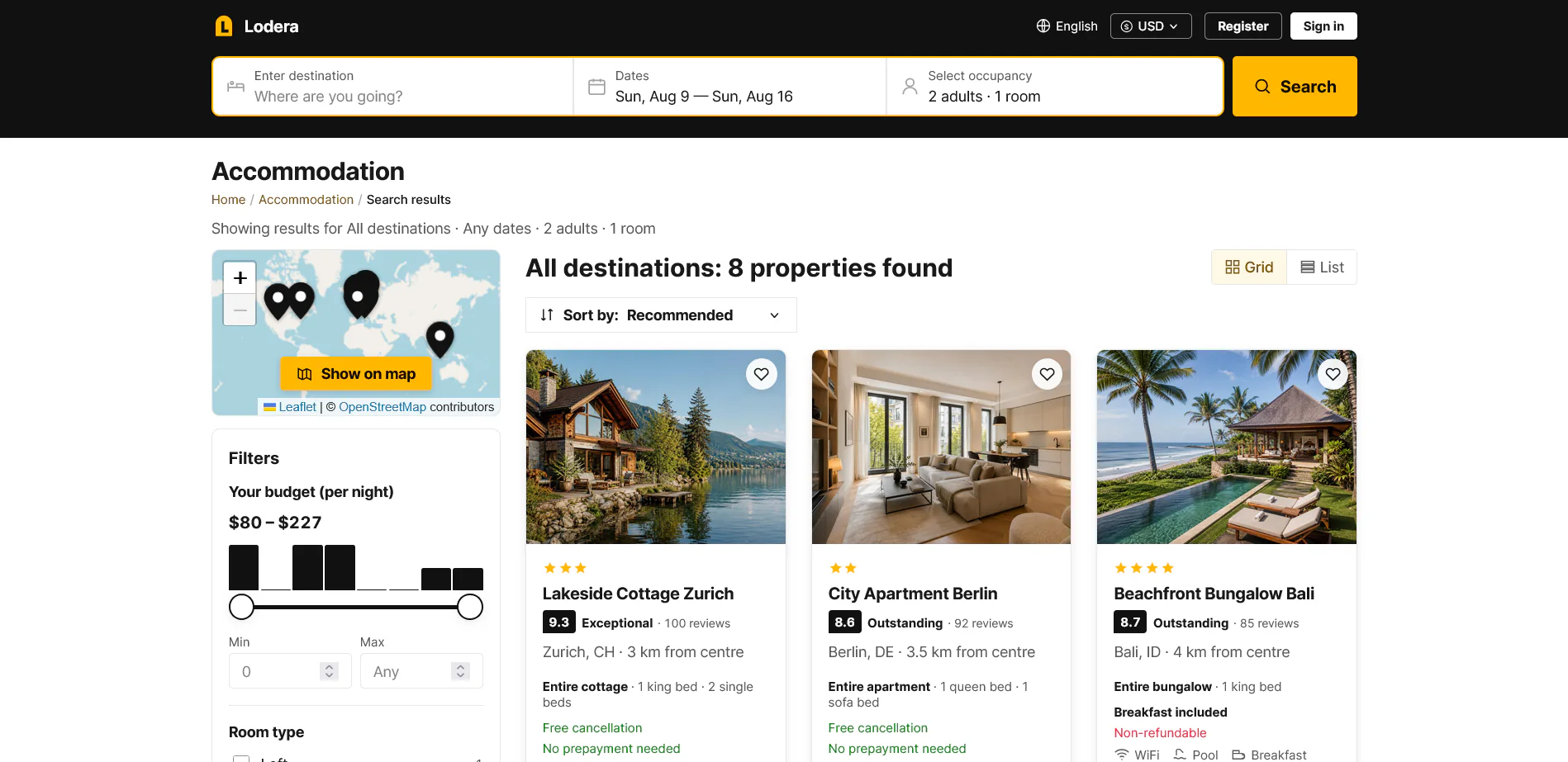 Lodera Accommodation and booking storefront preview