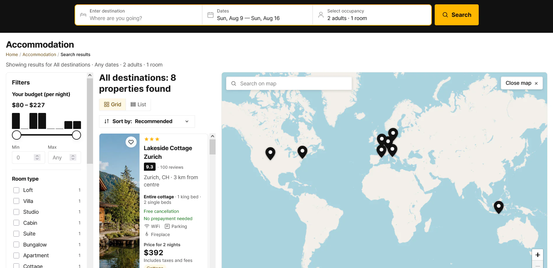 Expanded Lodera map with property pins plotted from listing coordinates.