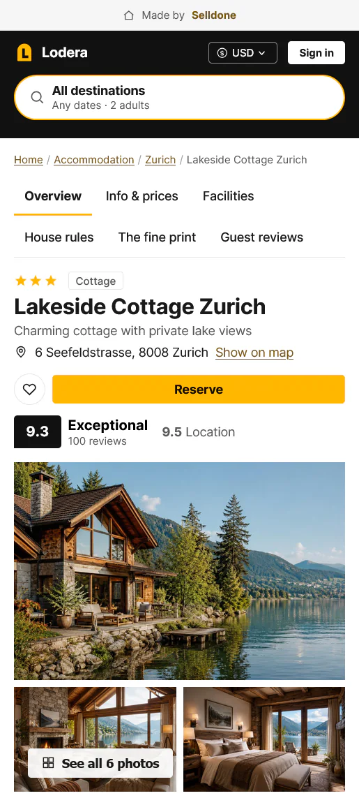 Responsive Lodera property page displayed at phone width.