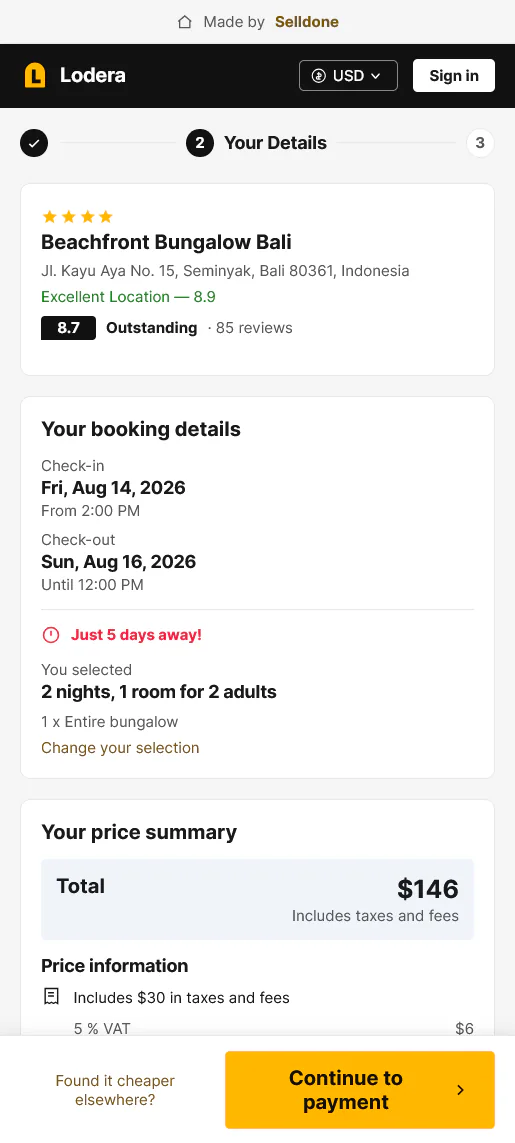 Lodera mobile checkout with guest details, price summary, and payment call to action.
