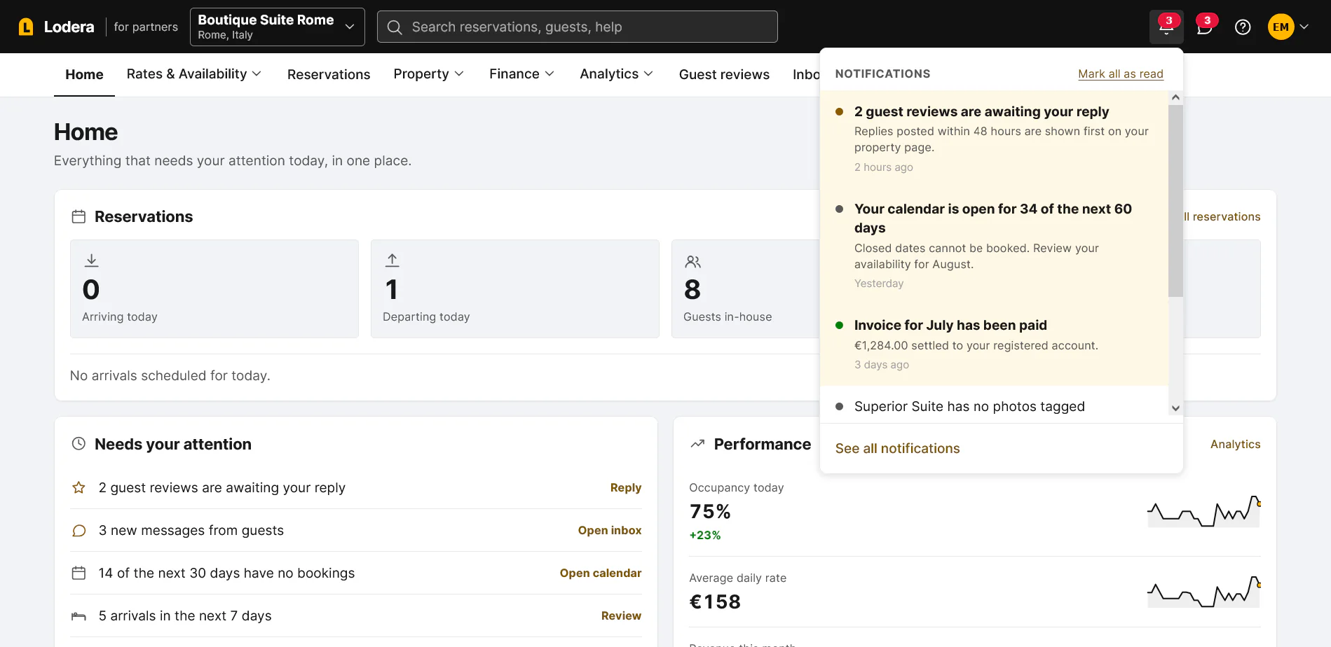 Lodera partner notifications for reviews, calendar openings, and payouts.