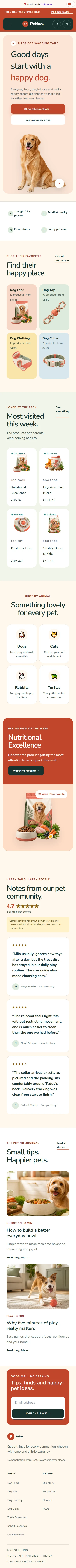 Petino pet-supplies home page at mobile width.