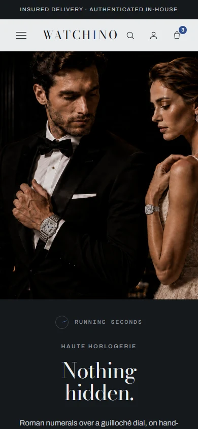 Watchino luxury-watch home page at mobile width.